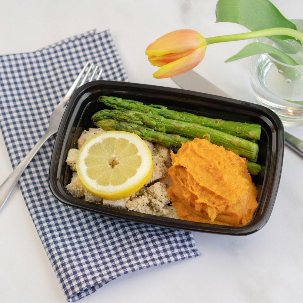 Breaded Lemon Chicken, Asparagus, Mashed Sweet Potatoes